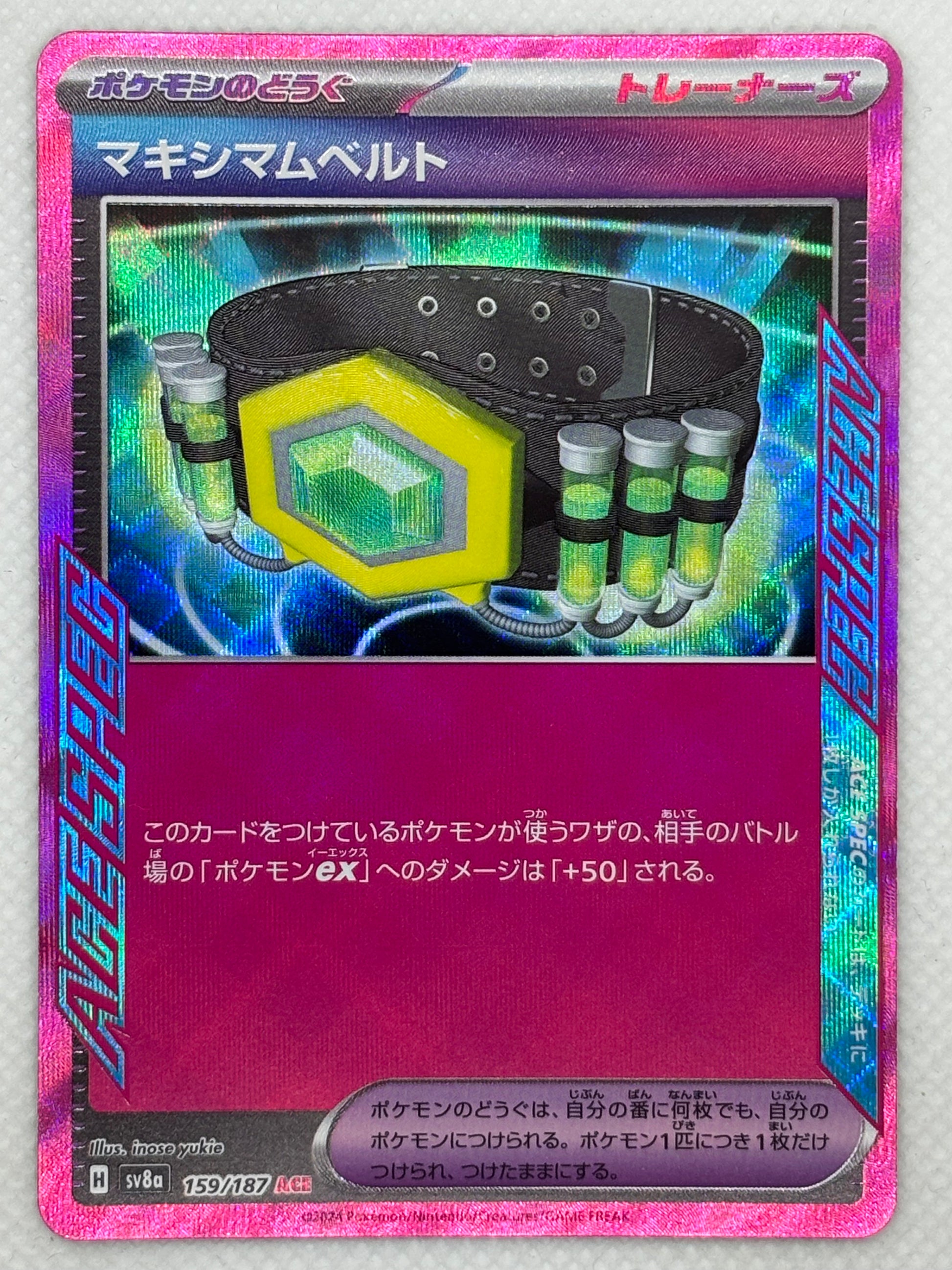 Maximum Belt card showing its details, abilities, and its role in the Terastal Festival ex set.